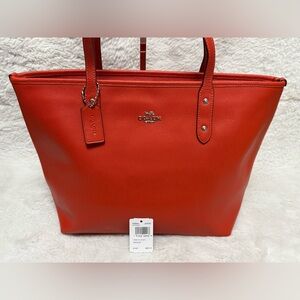 Coach Crossgrain leather City Zip Tote in Orange Red/Silver